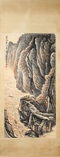 A Chinese landscape hanging scroll painting, Shilu mark