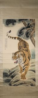 A Chinese hanging scroll painting of tiger, Zhang Shanzi mark