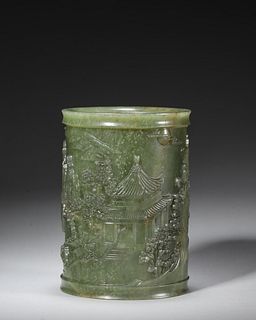 A landscape and figure patterned jade brush pot,Qing Dynasty,China