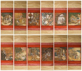 12 Chinese figure silk scroll paintings, Chouying mark,Ming Dynasty,China