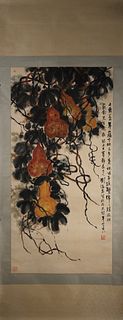 A Chinese hanging scroll painting of gourd, Liu Haisu mark