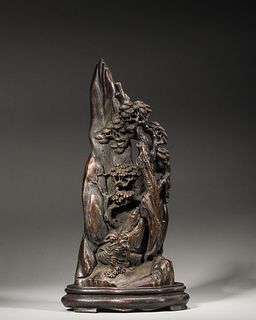 A figure and pine carved aloeswood ornament,Qing Dynasty,China