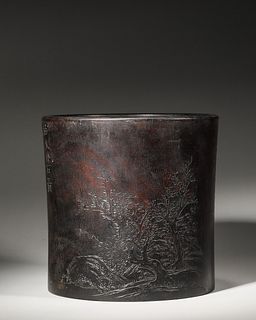 A landscape inscribed red sandalwood brush pot,Qing Dynasty,China