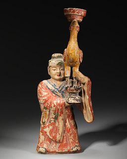 A painted copper figurine candlestick,Tang Dynasty,China