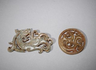 A pair of dragon and phoenix shaped jade pendants,Han Dynasty,China