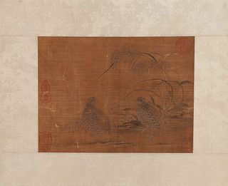A Chinese silk scroll painting of quail, Unknown mark