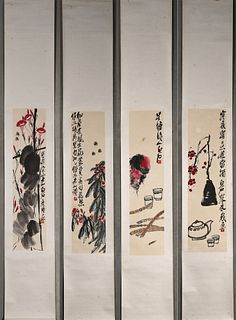  The Chinese flower-and-plant hanging scroll painting, Qi Baishi mark