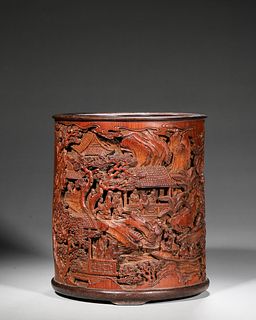 A figure carved bamboo brush pot,Qing Dynasty,China