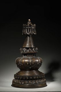 A silver-inlaid copper alloy Tibetan dagoba,Ming Dynasty,China