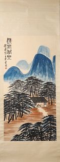 A Chinese landscape hanging scroll painting, Qi Baishi mark