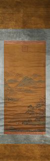 A Chinese landscape hanging silk scroll painting, Chouying mark,Ming Dynasty,China