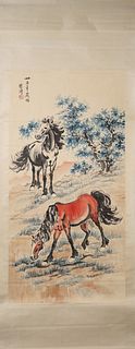 A Chinese hanging scroll painting of horse, Xu Beihong mark