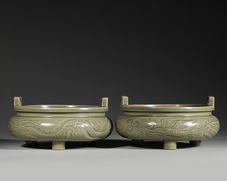A pair of dragon and phoenix patterned Yaozhou kiln porcelain three-legged censers,Song Dynasty,China