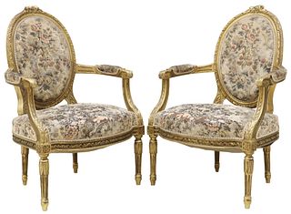 (2) FRENCH LOUIS XVI STYLE UPHOLSTERED GILTWOOD FAUTEUILS