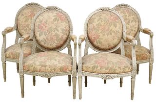 (4) FRENCH LOUIS XVI STYLE UPHOLSTERED & PAINTED FAUTEUILS