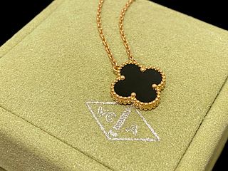 Van Cleef & Arpels 18K Rose Gold & Onyx Vintage Alhambra Motif Necklace