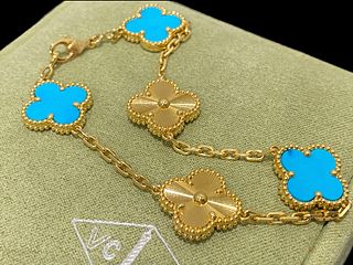 Van Cleef & Arpels Vintage alhambra bracelet 5 motifs 18k yellow gold, Turquoise