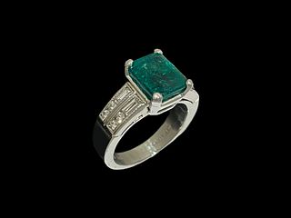 GIA Certified over 3CT Green Emerald Ring with Baguettes and Round Brilliant Diamonds