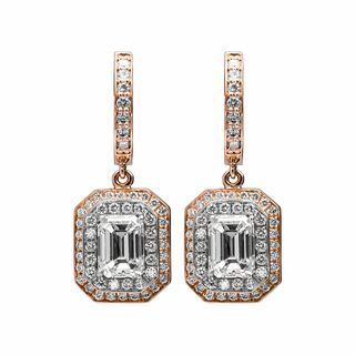 GIA Certified Emerald Cut Drop Earrings 14K Rose and 14K White gold