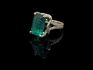 GIA Certified Green Emerald Ring with Near-colorless Round Brilliants