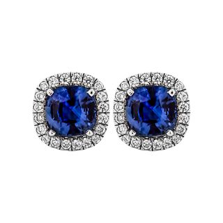 Halo Studs Earrings with Blue Cushion Sapphire in Platinum
