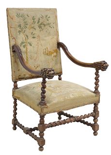 FRENCH RENAISSANCE REVIVAL UPHOLSTERED WALNUT ARMCHAIR