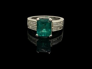 GIA Certified Green Emerald Ring with Baguettes and Round Brilliants