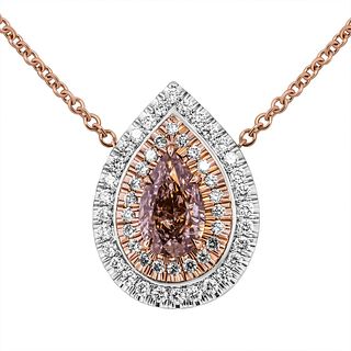 1.02ct Natural Fancy Pink-Brown Even I2 Double halo pendant in Platinum & 18K Rose Gold