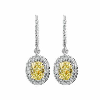 Yellow Oval Diamond Earrings with Double Halo Platinum 950 and 18k Yellow gold