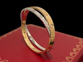 Cartier, Double 18K Rose & White Gold Diamond-Paved Love Bracelet with Diamonds Size 20
