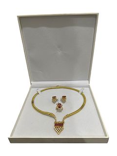 18K Yellow Gold Diamonds & Imperial Topaz Necklace Ring & Earrings Set
