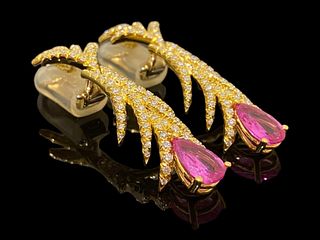 Henry Duray 18K Yellow Gold Pink Sapphire & Diamond Drop Clip-ons