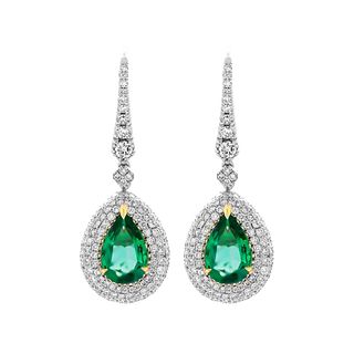 Drop Earrings with Pear Shape Emeralds 6.96ct and Diamonds Mounted in 18K White & Yellow Gold