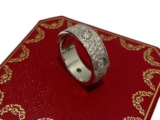 Cartier 18K White Gold 6 Diamonds Pave Bond Ring Size 54