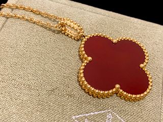Van Cleef & Arpels 18K Yellow Gold Magic Alhambra Carnelian Long Necklace Pendant