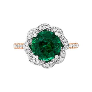 Cocktail Ring with 2.60ct Round Green Emerald Engagement ring in PT950 & 14K Yellow Gold
