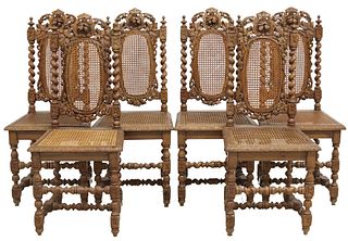(6) FRENCH HENRI II STYLE CARVED OAK CANED SIDE CHAIRS