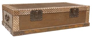 LARGE IRON-STUDDED LEATHER-CLAD TRUNK OR COFFEE TABLE