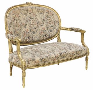 FRENCH LOUIS XVI STYLE UPHOLSTERED GILTWOOD SOFA