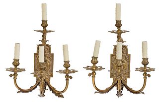 Pair of French Louis XIV Style Electrified Four Light Gilt Bronze Wall Sconces