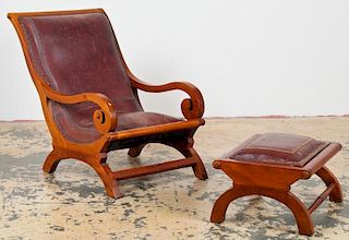 Antique Leather Upholstered Plantation Chair & Ottoman