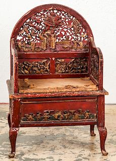 Antique Chinese Carved and Painted Wood Chair