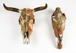 2 Memento Mori Gold Silver and Copper Leaf Embellished Skulls