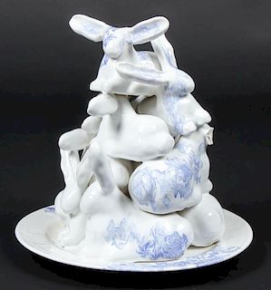 Studio Painted Porcelain Bunny Stack Sculpture