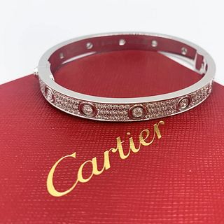 Cartier 18K White Gold Pave Diamond Love Bracelet Size 17