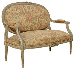 FRENCH LOUIS XVI STYLE UPHOLSTERED & PAINTED SALON SETTEE