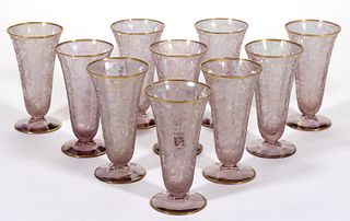 FOSTORIA ORCHID ETCHED GLASS FOOTED CHAMPAGNES / JUICE TUMBLERS, LOT OF TEN