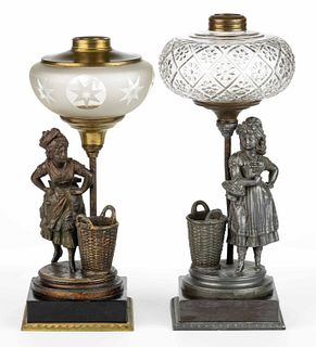 ASSORTED BRADLEY & HUBBARD FIGURAL LADIES WITH BASKET STEM KEROSENE STAND LAMPS, LOT OF TWO
