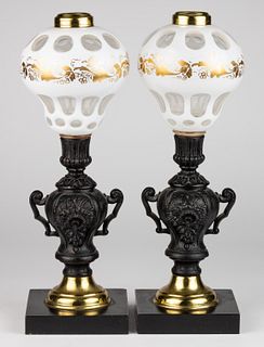 CUT-OVERLAY OVAL AND PUNTY GILT-DECORATED KEROSENE STAND LAMPS, PAIR