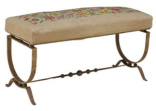 FRENCH  NEEDLEPOINT UPHOLSTERED OTTOMAN